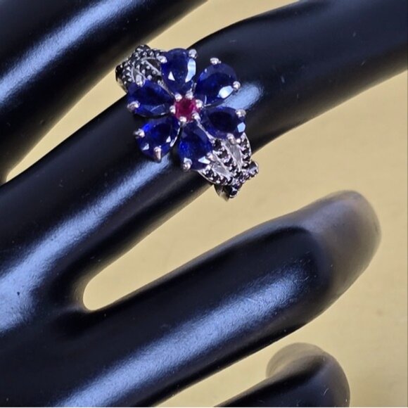 925 Sterling Silver Jewelry Set ( Earrings/ Ring 7.5) with Sapphire & Ruby Gems - Picture 6 of 12